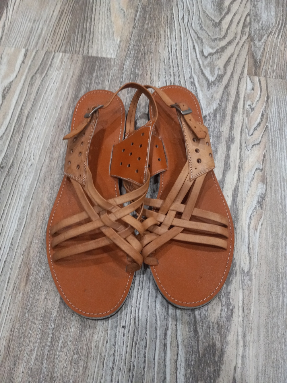 Women's Tan Strappy Leather Sandals with Woven Detail